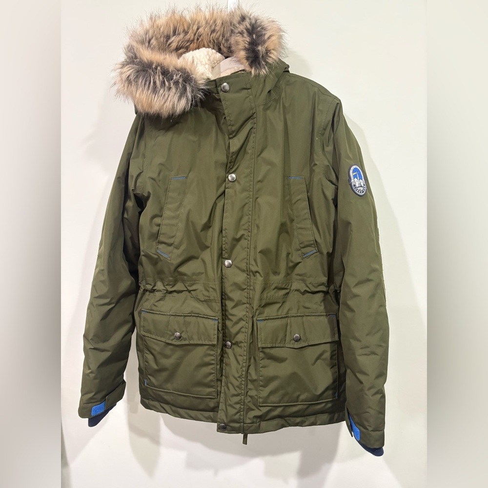 Lands' End Dark Green Puffer Coat with Faux Fur Hood